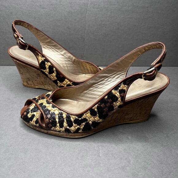 STUART WEITZMAN Leopard Wedges Women Sz 8.5N Sling Back Tan Black Peep Toe Heels - Picture 7 of 9